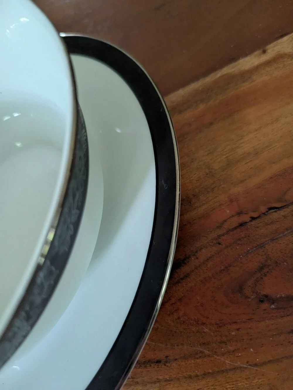 Noritake Sharon #6883 Gravy Boat Connected Plate Black Band Raised Flowers